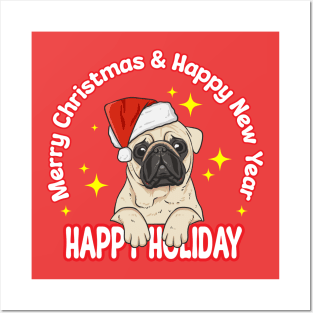 Illustration of a bulldog wearing a Christmas hat Posters and Art